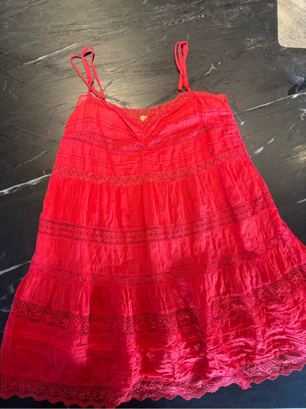 Free People Red Lace-Trim Tiered Mini Dress